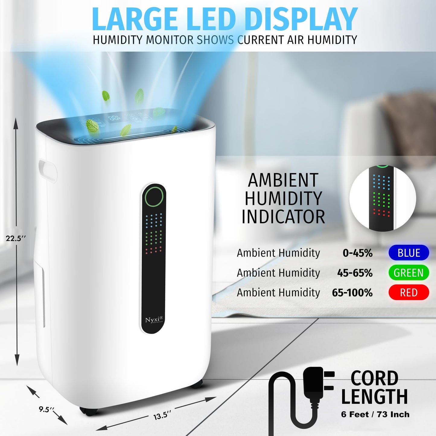 Nyxi 4,500 Sqft / 50 Pints Powerful Compressor Dehumidifier, Smart Digital Humidity Control, XL Water Tank 1.7 Gallon, Drain Hose Option, 24-Hour Timer, Removes Moisture for Home, Laundry, Office