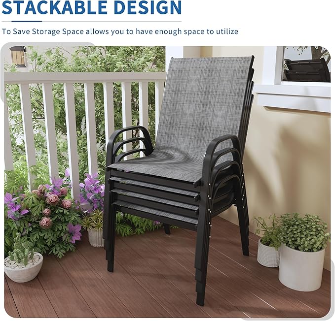 PIZZELLO Patio Chairs Set of 4 - Outdoor Stackable Dining Chairs for All Weather - Breathable Textilene Outdoor Chair Sets with Curved Armrests - 300Lbs Capacity - for Lawn Backyard Garden (Grey)