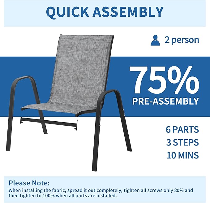 PIZZELLO Patio Chairs Set of 6 - Outdoor Stackable Dining Chairs for All Weather - Breathable Textilene Outdoor Chair Sets with Curved Armrests - 300Lbs Capacity - for Lawn Backyard Garden (Grey)