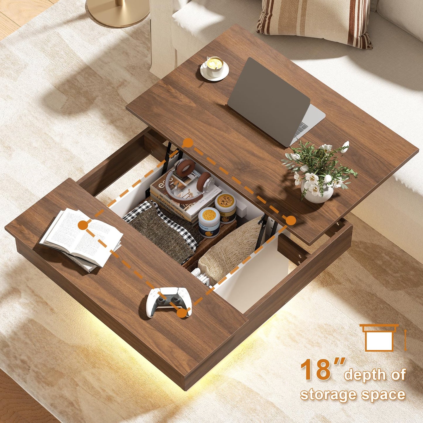 FABATO Lift Top Coffee Table with LED Light and Charging Station, 31.5 Inch Square Coffee Table with Hidden Storage, Modern Farmhouse Center Table for Living Room, Reception Dinning Room,Black