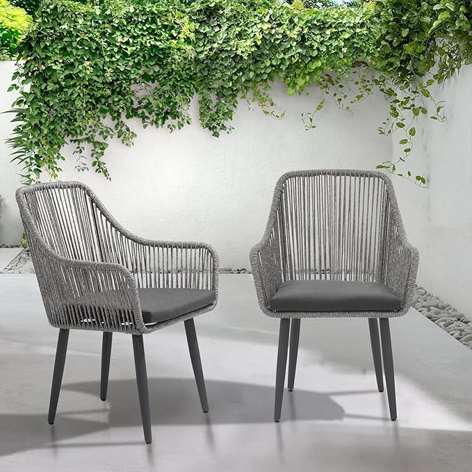 Patiorama Outdoor Dining Chairs, Patio Dining Chair Set of 4, All-Weather Woven Rope Rattan Chairs, Outdoor Dining Wicker Chairs with Armrests for Indoor Balcony Pool Backyard(Gray)