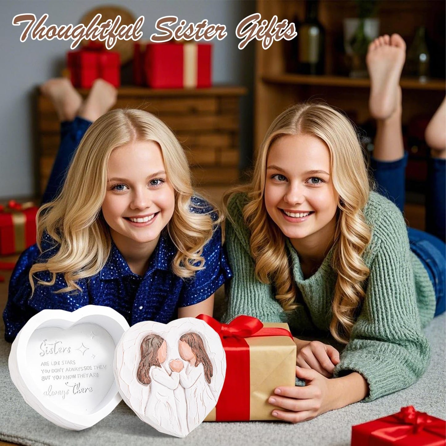 Sister Birthday Gifts, Sisters Gifts from Sister - Sister Figurines Small Keepsake Box - 3D Hand-Painted Sculpted Mothers Day Christmas Gifts for Sister in law, Soul Sister by Heart Decorative Boxes