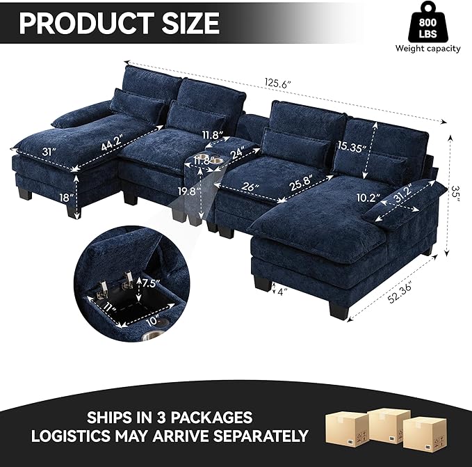 125" U Shaped Cloud Modular Sectional Couch for Living Room, Small Comfy Sherpa Sofa with Double Chaise Lounge, Storage Central Console, Cup Holders, USB Port, Navy