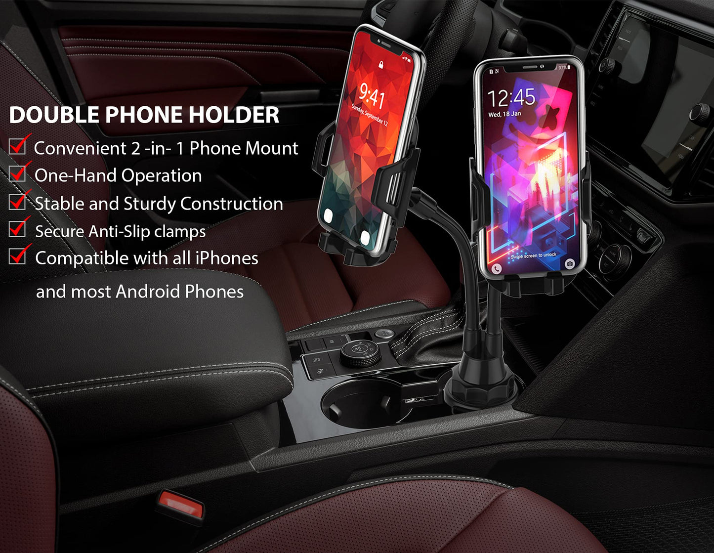 Caviana Dual Phone Holder For Car Cup Holder - Long Flexible Neck, 360 Rotatable Car Phone Mount - Adjustable Cell Cup Holder, U