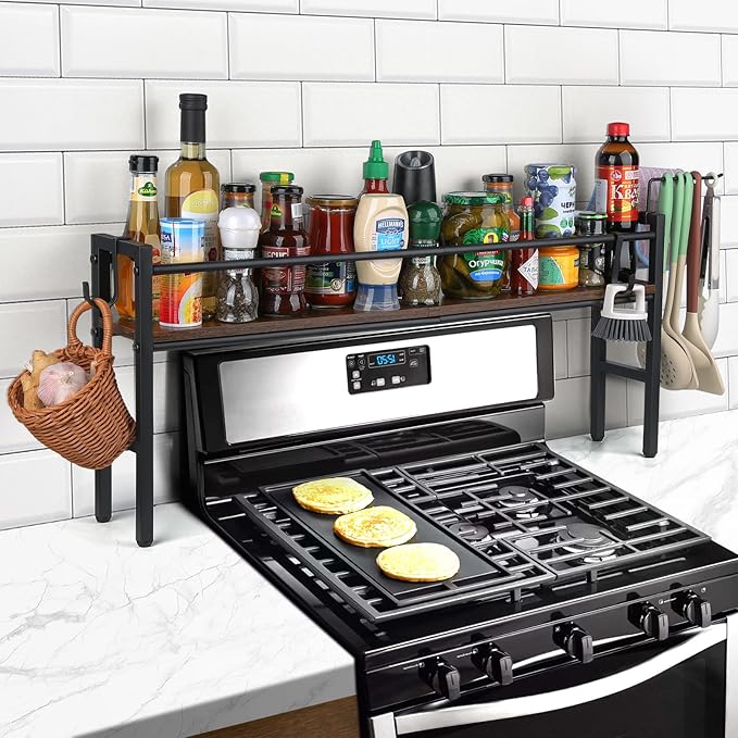 Meangood Spice Rack Shelf for Kitchen Stove, Over the Stove Shelf with 4 Hooks Extra Storage Countertop, Rustic Wood & Sol...