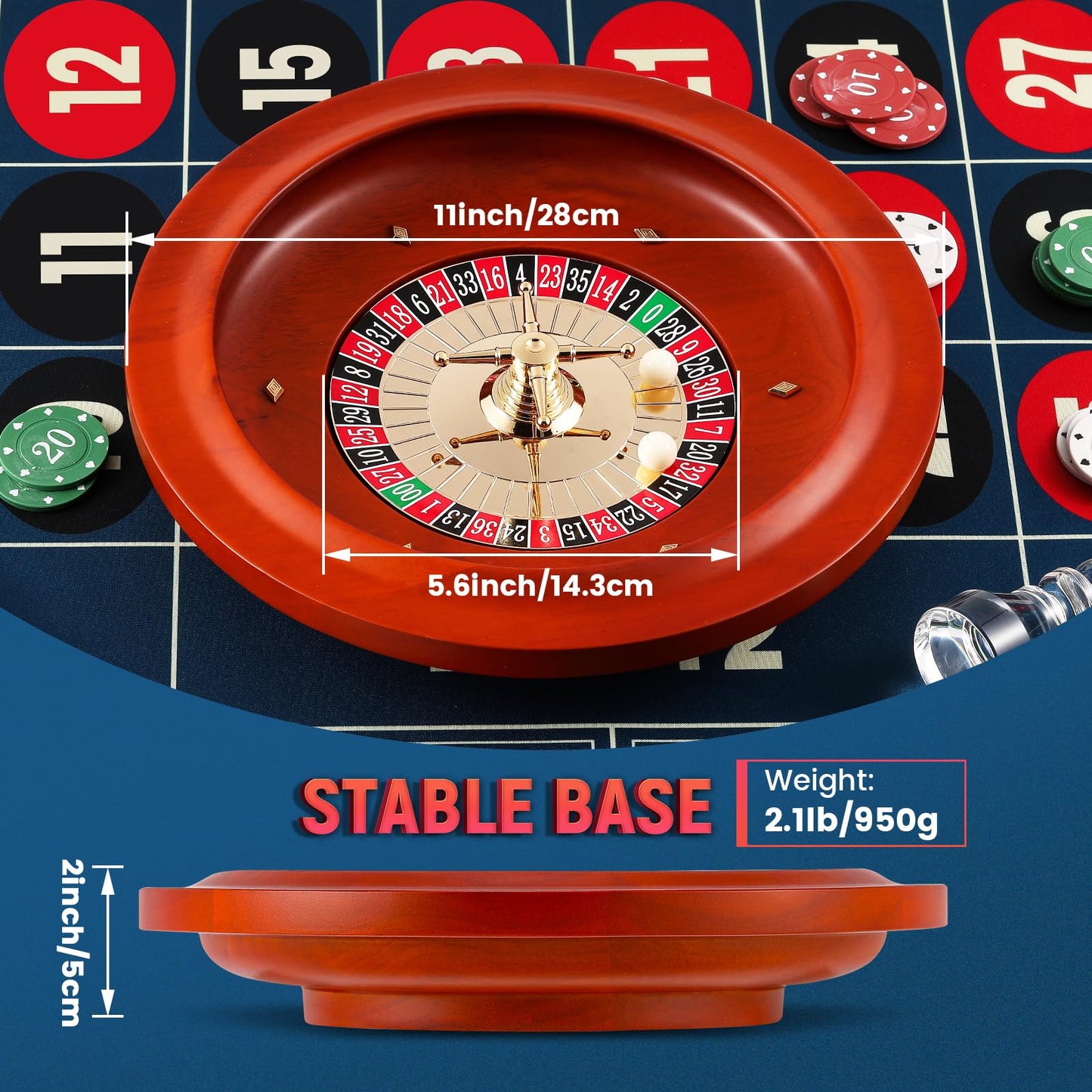 Roulette Wheel Set: 11” Roulette Wheel 47.2 * 23.6” Roulette Table Layout Felt Mat 100pcs ABS Poker Chips Roulette Win Marker 2 Decks of Playing Cards Casino Game Sets