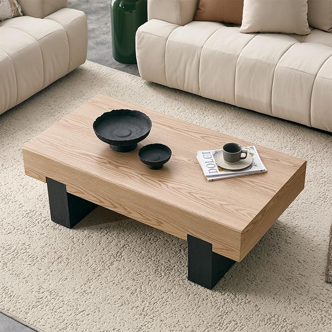 LKTART 46'' Rectangle Coffee Table for Living Room, Natural Wood Grain Pattern Thick Sturdy Legs Coffee Table with Storage for Dining Room Apartment Small Space (Natural Wood)