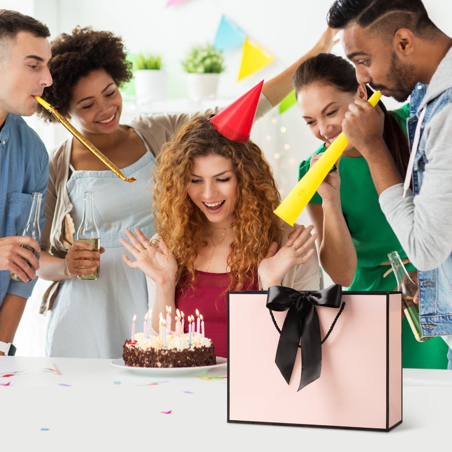 PASEOTA 12.6" Gift Bags Medium Size Set of 10 - Includes Tissue Paper, Cards & Ribbons, Luxury Gift Bags with Handles for Holiday Wedding Birthday (12.6" x 9.8" x 3.9", Pink Black)