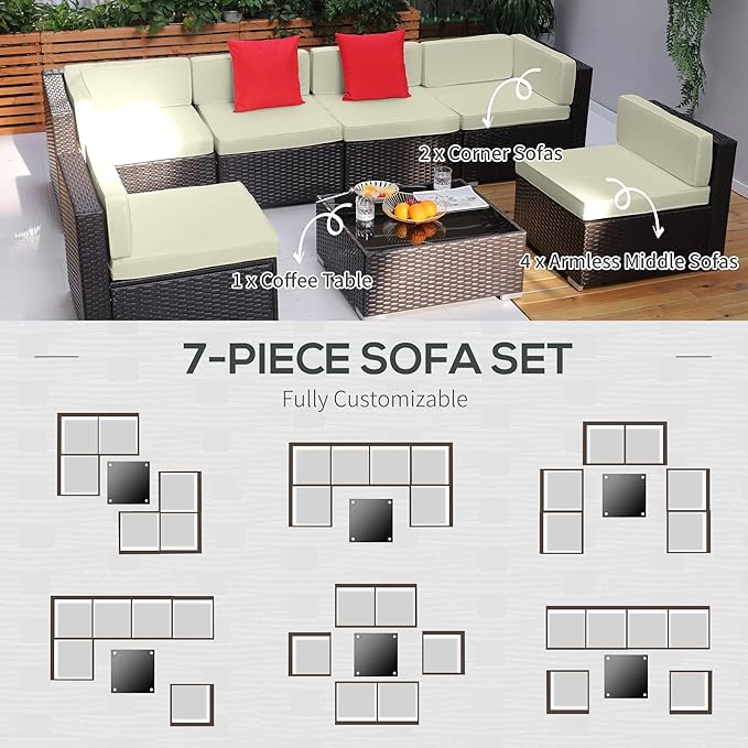 Outsunny 7-Piece Patio Furniture Set, Outdoor Wicker Conversation Set, All Weather PE Rattan Sectional Sofa Set with Cushions and Tempered Glass Top Coffee Table, Pillows, Cream White