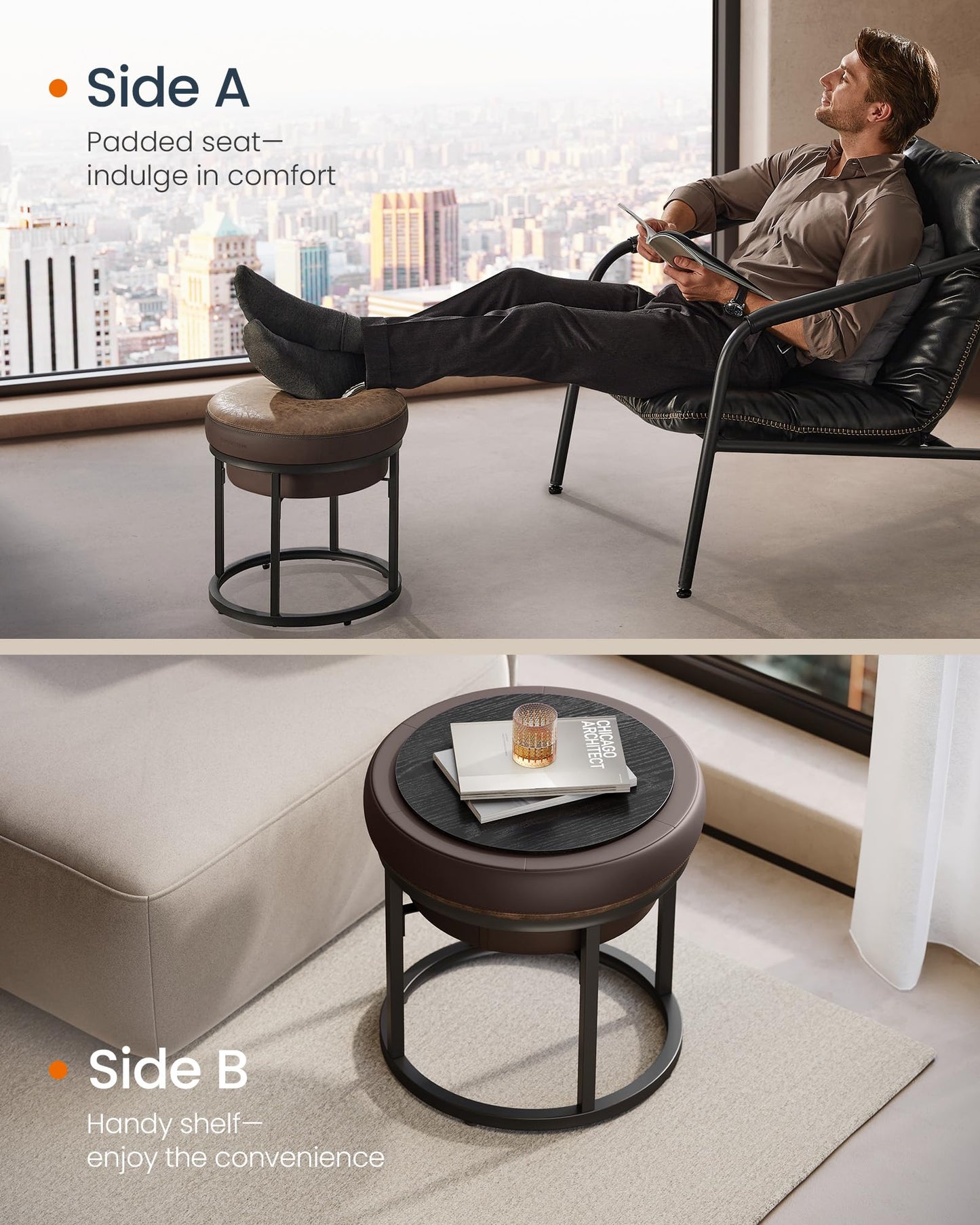 SONGMICS HOME LUIZ Collection - Ottoman Footstool, Round Ottoman, Vanity Chair Stool, Footrest, Reversible Top, Side Table, Max. Load 660 lb, Bedroom Living Room Entryway, Walnut Brown ULOM080K01