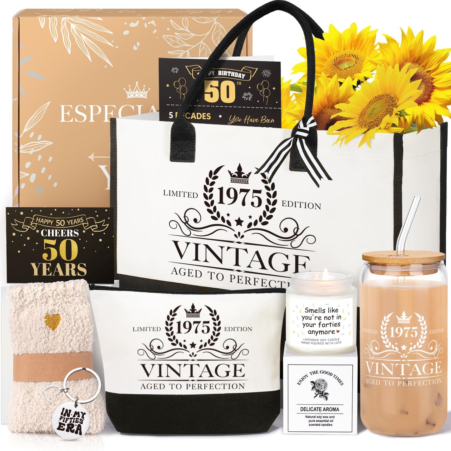 iAOVUEBY 50th Birthday Gifts for Women Her, Cool Gifts for 50 Year Old Woman, Fifty Birthday Canvas Tote Bag Glass Cup Candle Gift Basket Ideas Daughter Mom Sister Friend Wife Coworkers
