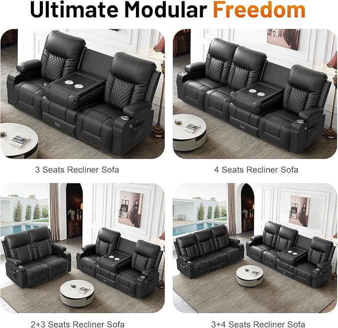 FURNIMAT Recliner Sofa, Modern Dual Reclining Sofa with Flip Back Console, 4 Seater PU Leather Recliner Couch for Living Room/RV, with Storage Drawer, USB Ports, Cup Holder, Cell Phone Holder, Black