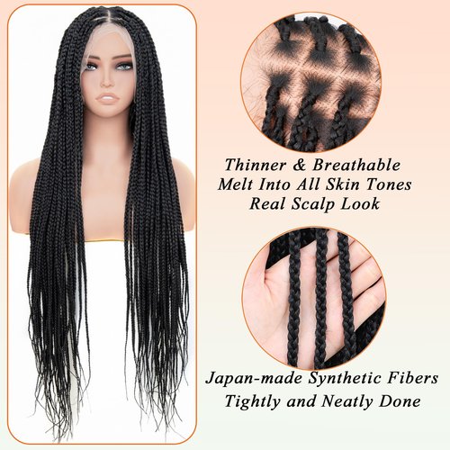 ROSEBONY 36 Inch HD Full Lace Knotless Braided Wigs, Natural Black Box Braids with Baby Hair, Long Lace Front Wigs for Black Women