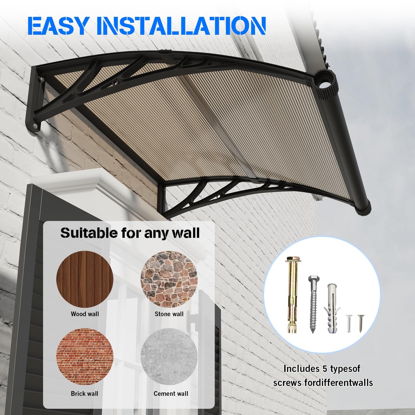 Awning for Door Entrance with Drainage Sink,32x40 Inch Awnings for Doors,Window Canopy Exterior with Plastic Steel Bracket,Polycarbonate Cover,UV,Rain,Snow Protection for House,Porch,Patio,Deck