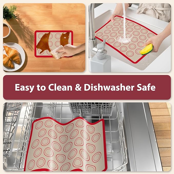 Macaron Silicone Baking Mats, 3 PCS Non Stick Macaroon Mat Silicone for Macarons, Cookie, Pastry, Red