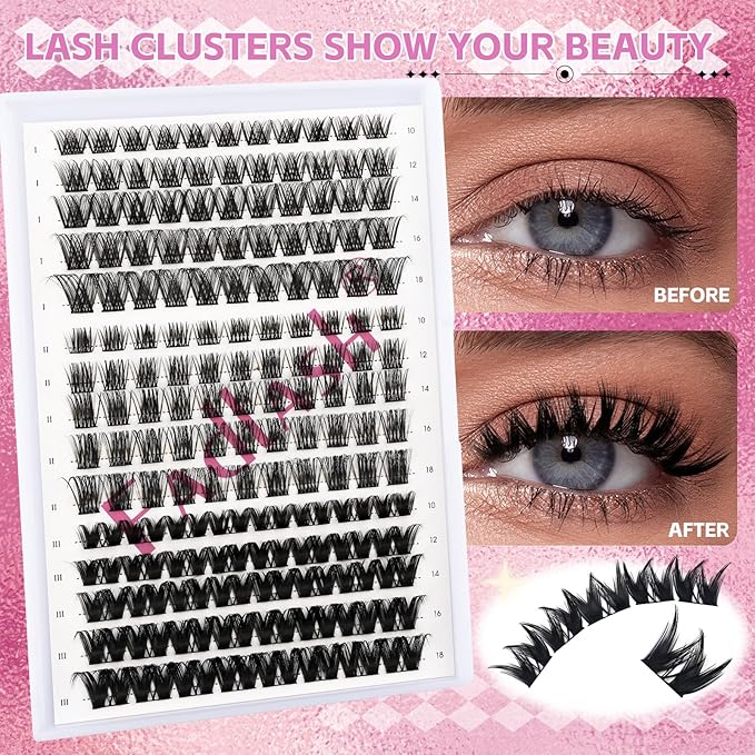 FADLASH Lash Clusters 10-18mm Eyelash Cluster Lashes DIY Lash Extensions D Curl at Home Individual Lashes (K1K2K10-07D-10-18mm)