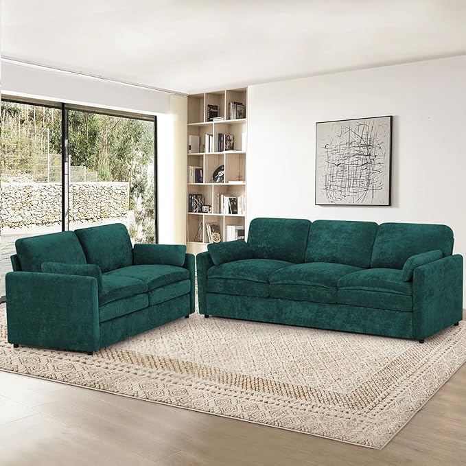 ACMEASE 2 Pieces Chenille Sofa Set w/Arm Pillows, Upholstered Loveseat & 3 Seater Sofa w/Comfortable Back Cushions, Modern 2-Seat & 3-Seat w/High-Density Foam for Living Room, Apartment, Teal