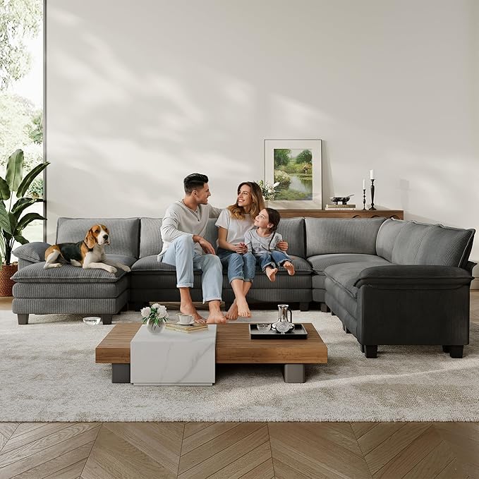 LINSY HOME Modular Sectional Sofa Couch Corduroy Cloud Couches for Living Room, V-Shaped Cloud Couch Sectional Sofas for Bedroom and Apartment, Grey