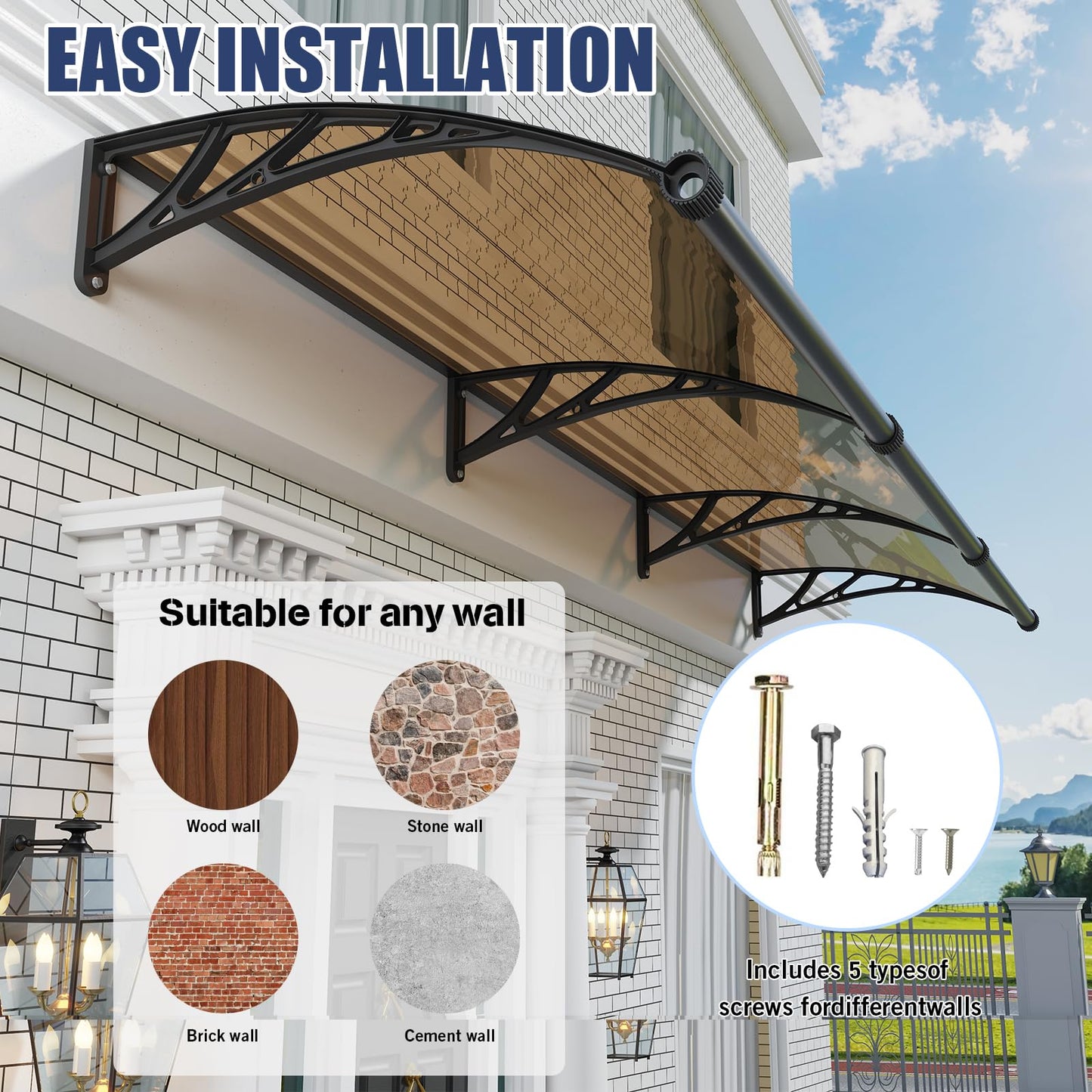 Awning for Door Entrance,40x120 inch Awnings for Doors with Separate Drainage,Front Door Awning Exterior,Polycarbonate UV, Rain, and Snow Protection for Porch,Patio,Window,Deck