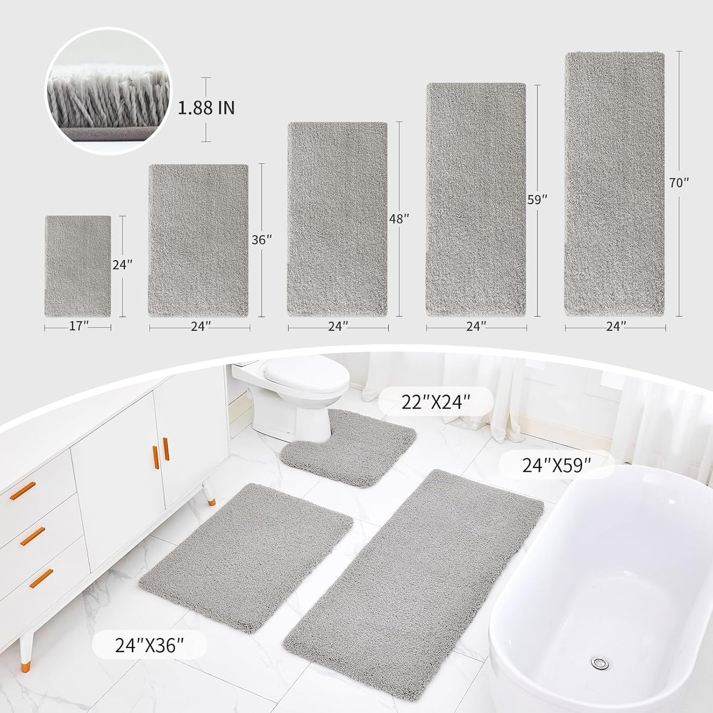 Gray Bathroom Rug 24x48 Non Slip Fluffy Bath Mat for Bathroom Floor Washable Plush Luxury Bath Rug for Tub Soft Shaggy Absorbent Shower Sink Mat