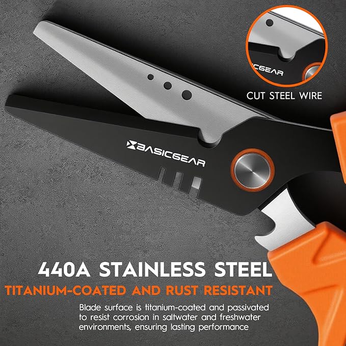BasicGear Fishing Multi-Tool Scissors – Titanium-Coated, Stainless Steel, Multi-Tool Cutter with Hook Adjuster, Screwdriver, Bottle Opener, Sheath & Non-Slip Grip for Saltwater or Freshwater Use