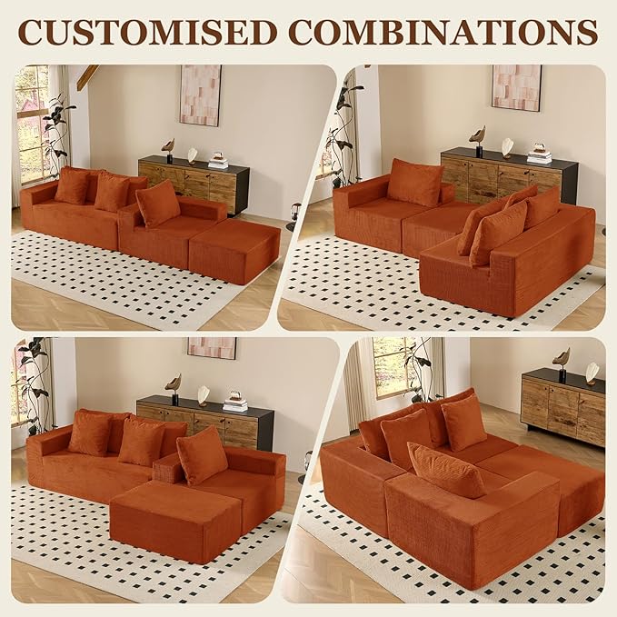 INGEROOM 108" Cloud Sectional Couch with Deep Seat, Modular Sofa Memory Foam, Boneless Sofa with Movable Ottoman, Upholstered Couches for Living Room Bedroom, No Assembly Required, Orange