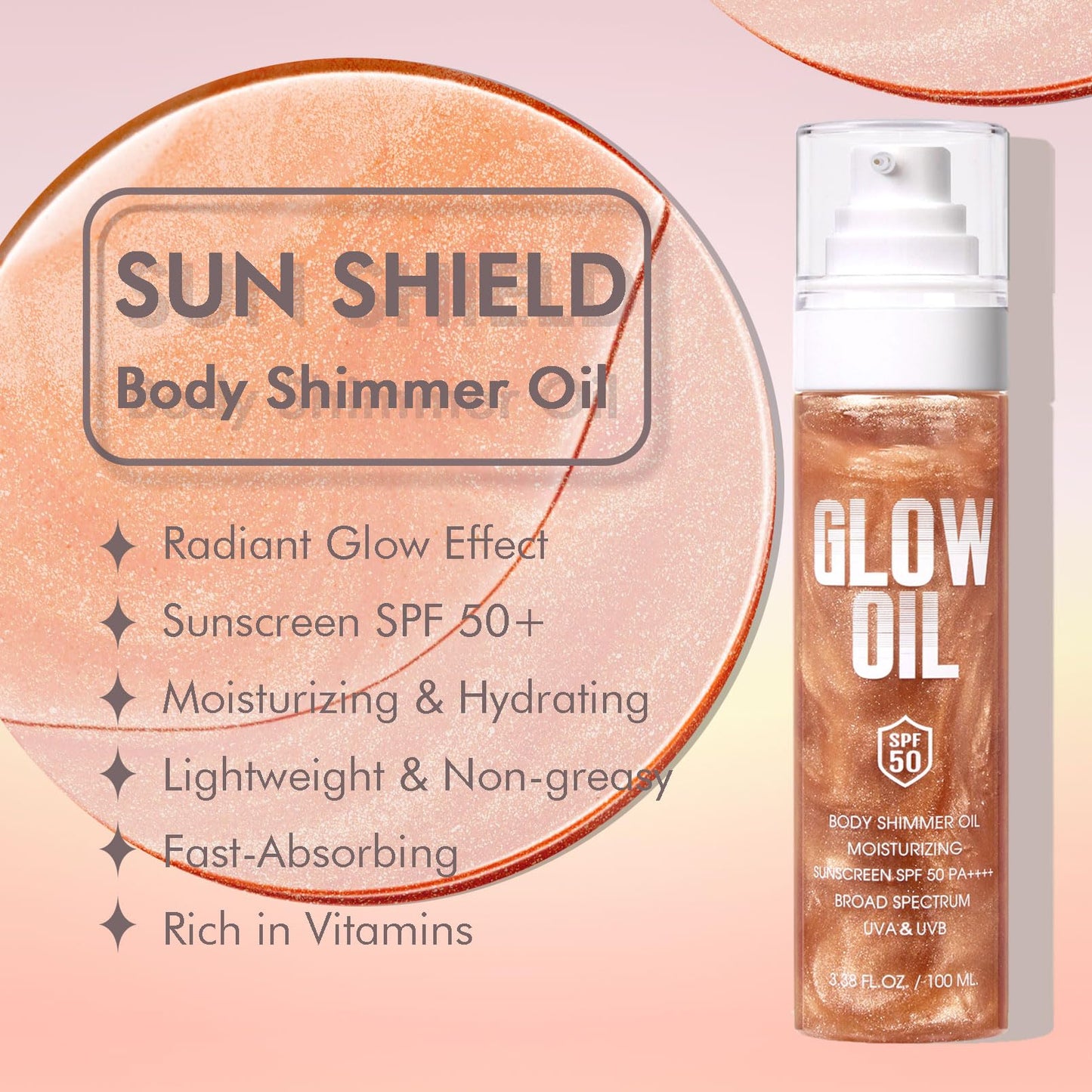 Body Glow Oil?SPF 50 Broad Spectrum??Lightweight Non-Sticky??Moisturizer?Sunscreen Body Oil with Rose Gold Mica, Water Resistant