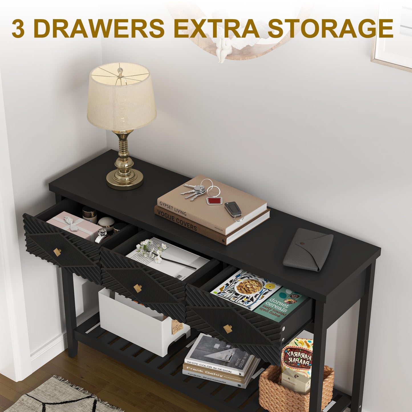 BHAODEAL 47" Console Table with 3 Drawers, Fluted Narrow Long Entryway Table with Storage Shelf, Accent Table for Entryway, Living Room, Behind Couch, Foyer, Hallway, Office