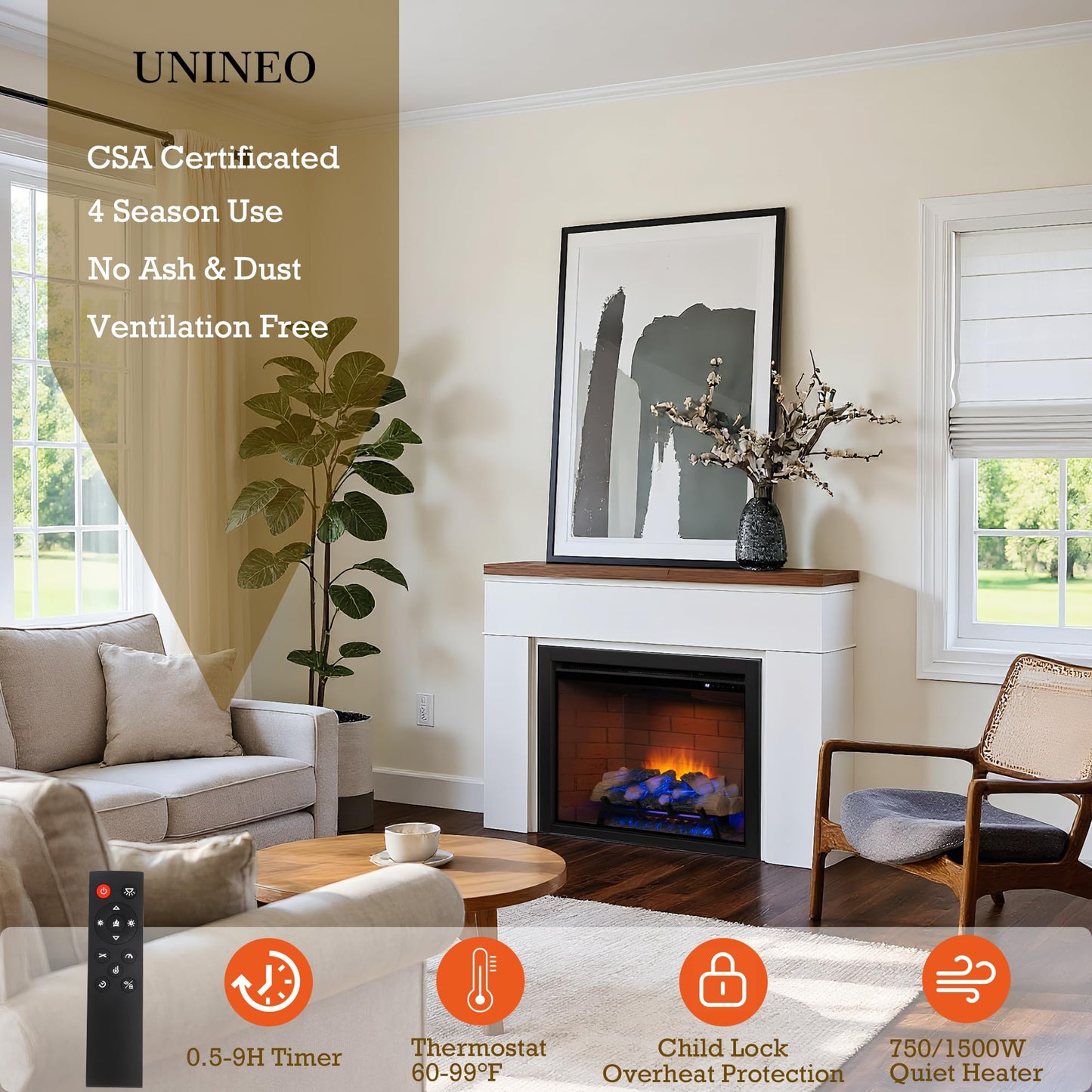 Unineo Electric Fireplace Insert w/Top Light, 12×12×12 Flame Color Option with Fire Crackling Sound, 30 5/8″W×24 5/16″H, 750W/1500W Eco Heater, Remote & Button Control, Black