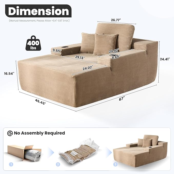 ovios 67'' Chaise Lounge Chair Indoor, Oversized Upholstered Sofa Bed with Cup Holders, Sleeper Couch Reading Chairs Fluffy Plush Corduroy Cloud Sofas Couches Living Room, Camel