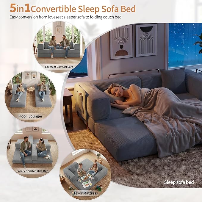 Fancyfire 78.8" Convertible Sofa Bed with Armrest Pillow,4-in-1 Sleeper Couch Bed for Livingroom,Modular Corduroy Boneless couches,No Assembly (Grey)