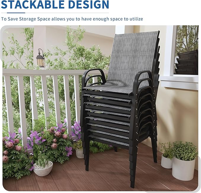 PIZZELLO Patio Chairs Set of 8 - Outdoor Stackable Dining Chairs for All Weather - Breathable Textilene Outdoor Chair Sets with Curved Armrests - 300Lbs Capacity - for Lawn Backyard Garden (Grey)