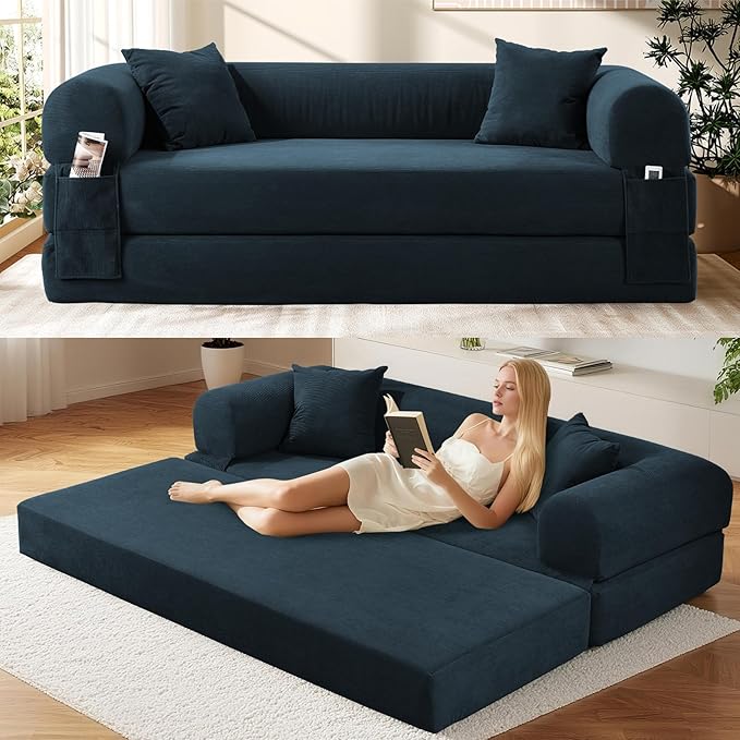GJQ Convertible Futon Sofa Bed,80" Folding Pull Out Couch with Pillows & Storage Pocket, Oversized Queen Sleeper Sofa in a Box,Corduroy Boneless Couch for Living Room,Navy Blue