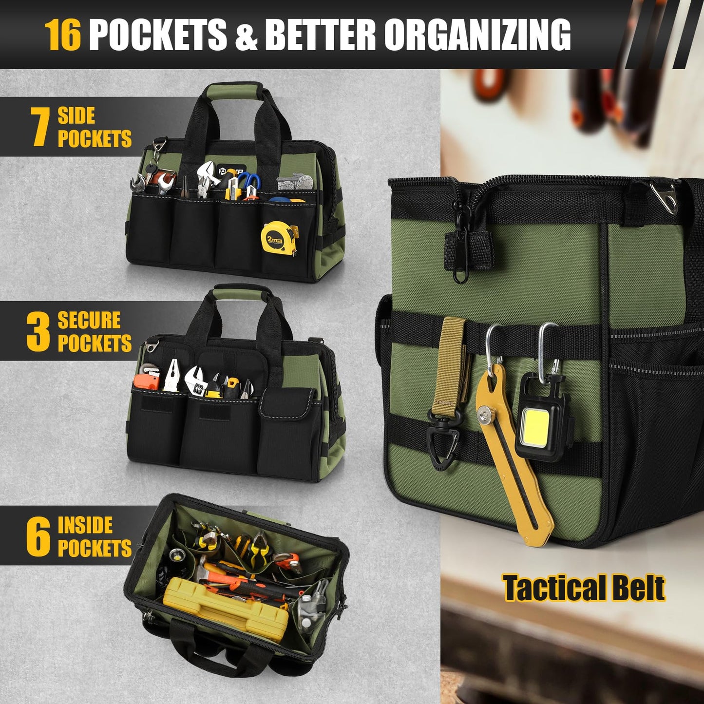 UUP Heavy Duty Tool Bag 15-Inch, 16-Pocket Portable Empty Tool Box Organizer Storage, Toolbox Organization, Soft Handle Large Zipper Carrying Toolbag, Father Day Dad Men Mechanic Welding Birthday Gift