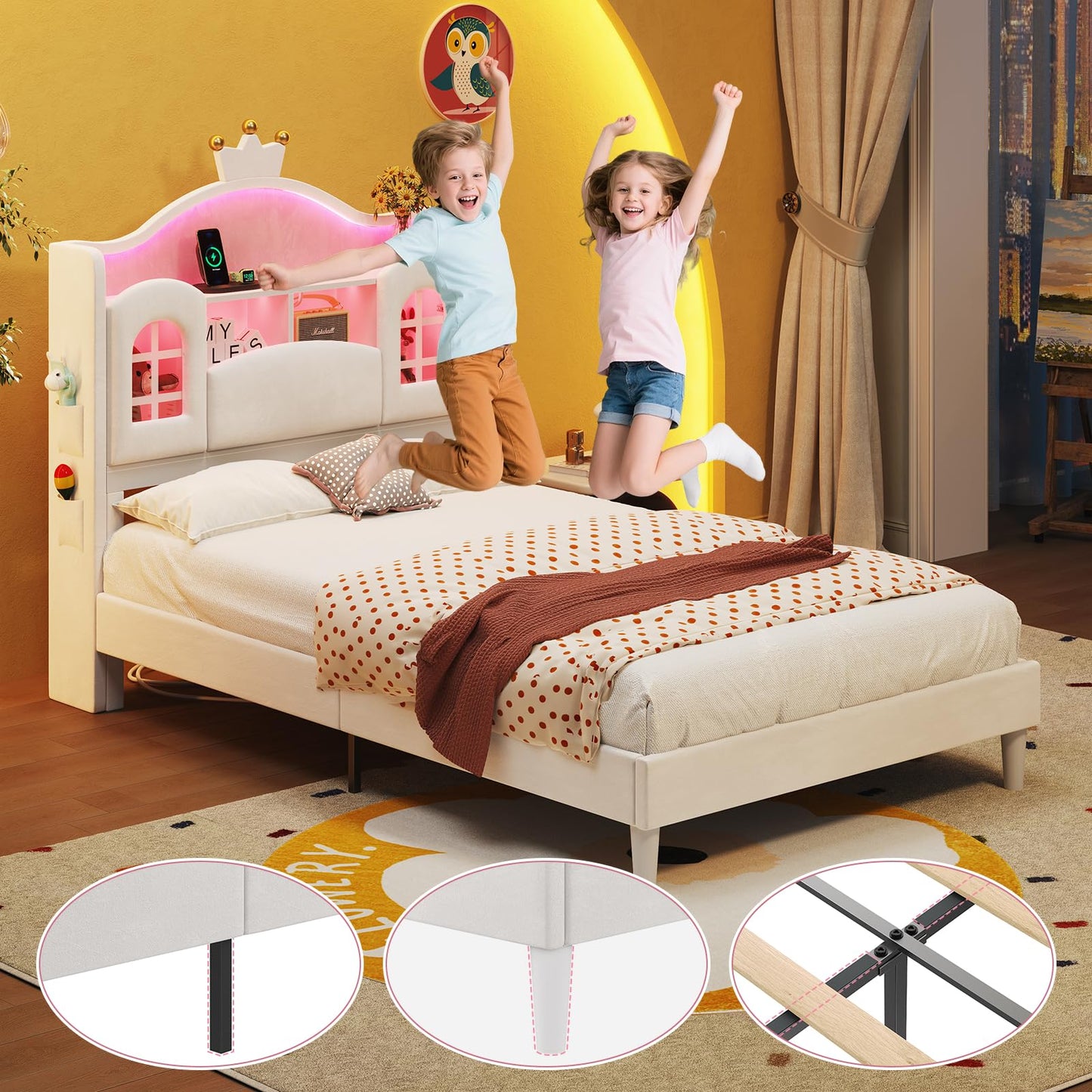 Dnxao Twin Bed Frames with Storage Headboard,4 Pockets, Princess Bed with LED Lights,Charging Station,Girl Bed with Solid Wood Slats Support,Easy Assembly,Creamy White