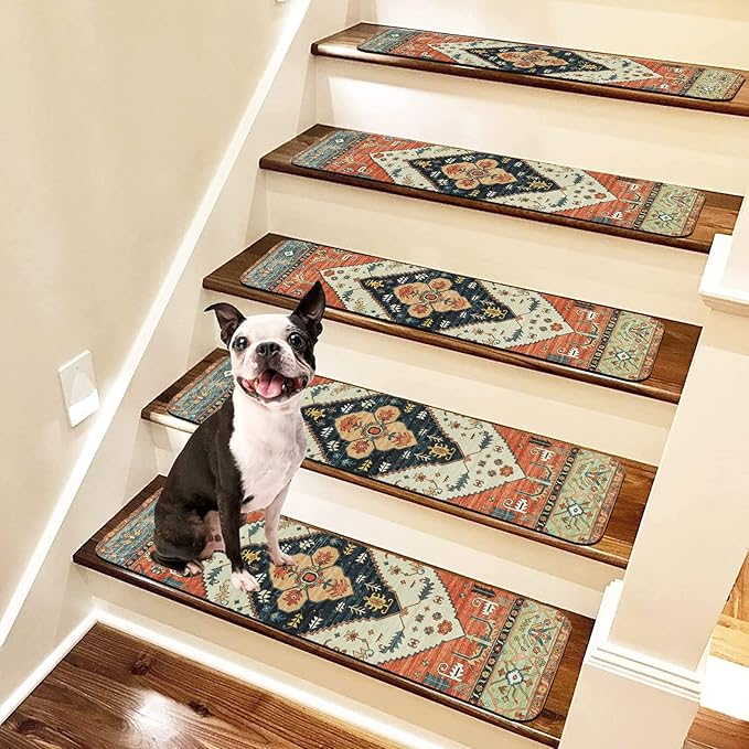 OJIA Non-Slip Carpet Stair Treads for Wooden Steps Set of 15, 30''X8'' Indoor Runner Resistant Rugs Rubber Safety Mats for Dogs, Kids & Elders, Stairway Grip