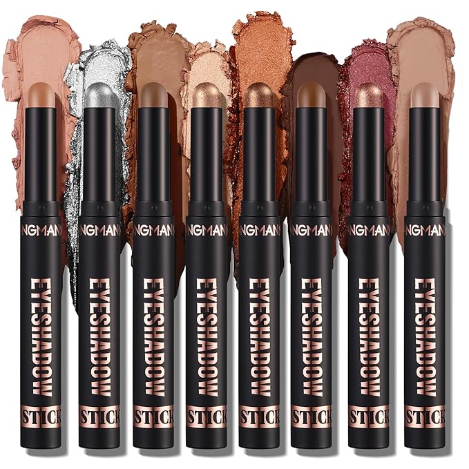 LANGMANNI 8 PCS Soft Smooth Cream Eyeshadow Stick Gift Set,Matte Earth Color+Bright Metal Color Contour Stick,Waterproof & Long-Lasting Eyeshadow (#A)