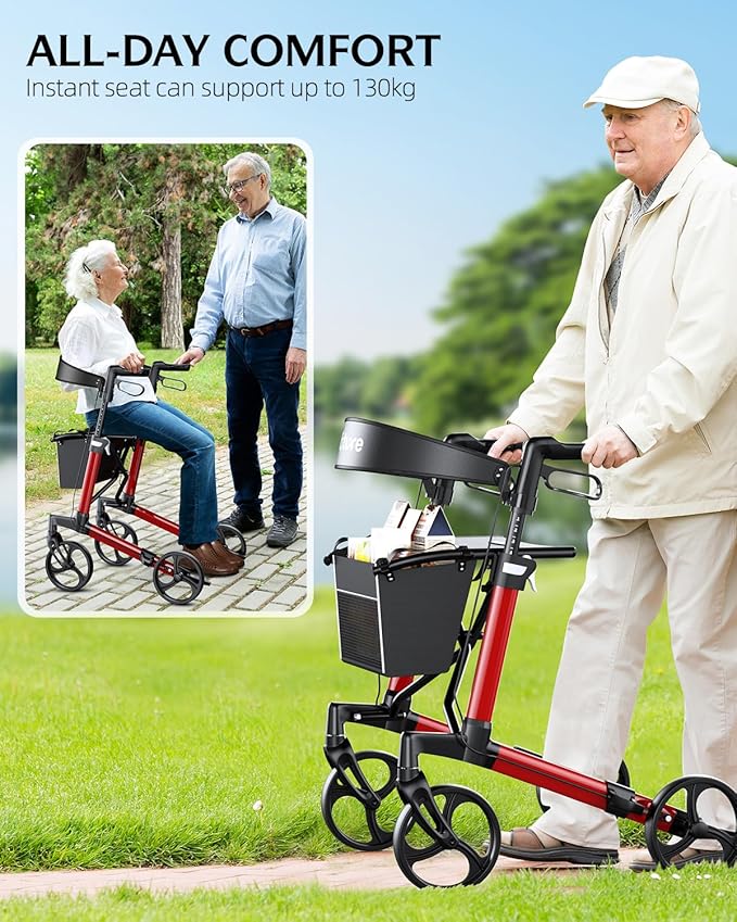 WOTURE Rollator Walker with Seat, Lightweight Rolling Walker, Foldable Rollator Walker for Seniors, 8" Big Wheels for All Terrain, Dual Height Adjustment, Only 16 Ib, Red