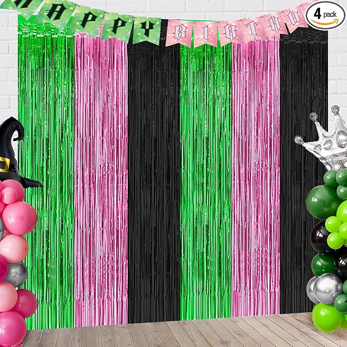 Pink Green Black Foil Fringe Curtains Backdrop Birthday Party Decorations, 4 Pack 3.28 x 6.56 Ft Witch Themed Tinsel Strea...
