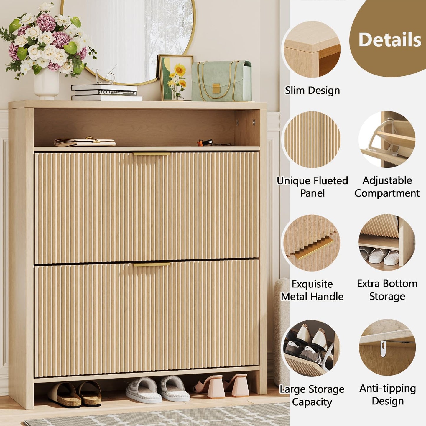 Angel Sar 31.5" Fluted Shoe Cabinet Storage for Entryway, Narrow Shoe Organizer with 2 Flip Drawers Open Compartment & Gold Handles, Freestanding Entryway Cabinet for Hallway, Living Room