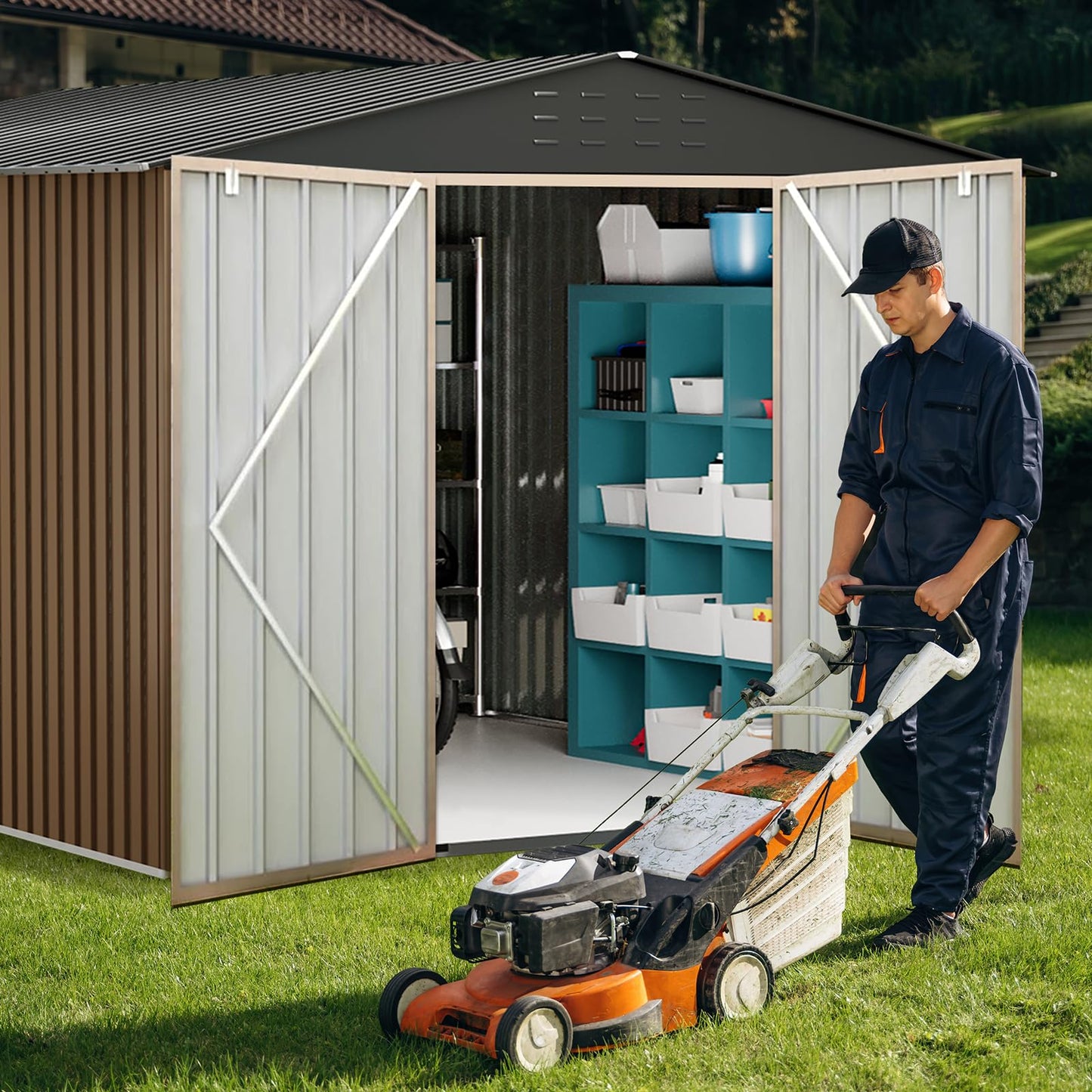 Garvee 10x10ft Metal Shed, Outdoor Garden Tool Storage Shed with Lockable Doors, Large Metal Shed with Sturdy Frame Structure, for Backyard, Patio, Lawn, Brown