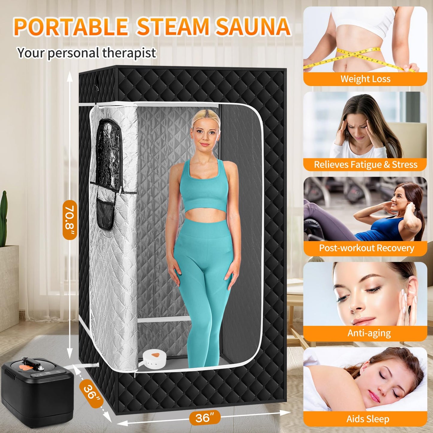 Aquatrend Portable Sauna Box for Home, Personal Steam Sauna Box with 1200W 3L Steamer, 3' x 3' x 5.9', Remote Control, Folding Chair, Full Size Sauna Tent for Fitness Gym Yoga Spa, Fast Heater, White