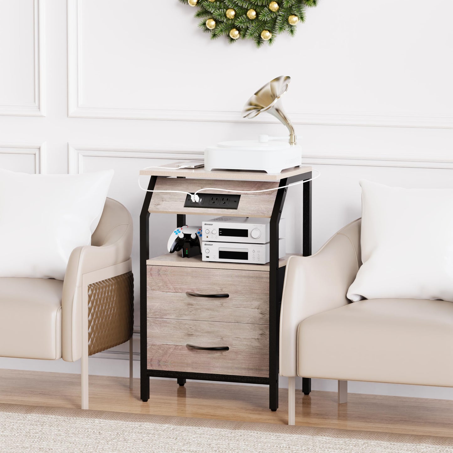 Storage End Table, Charging Nightstand with 2 Drawers, Small Fabric Dresser for Bedside, Wood and Metal Side Table for Living Room, Dorm, Grey Oak