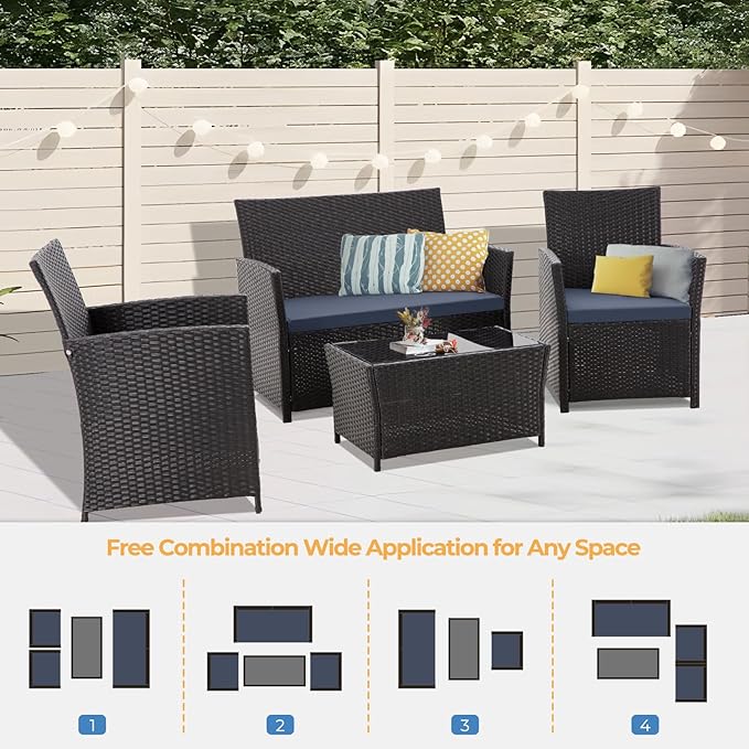 FHFO 4 Piece Outdoor Patio Furniture Sets, Outdoor Sectional Furniture Wicker Conversation Sofa Set for Outside Balcony Porch Backyard (Black-Blue)