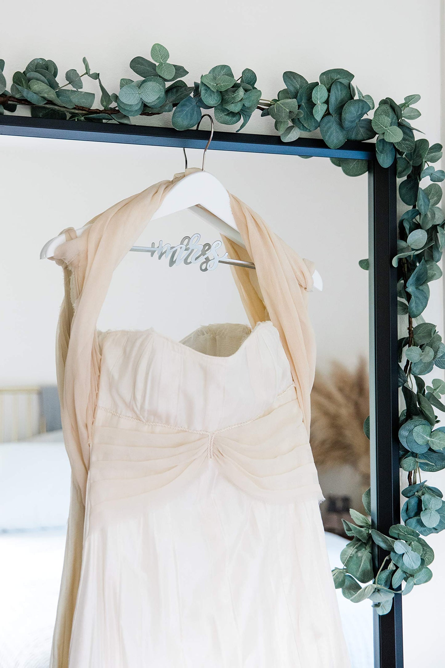 Pearhead Mrs. Wedding Dress Hanger – Elegant Wooden Bridal Keepsake with Cursive Wire Lettering, Perfect Photo Prop and Gift for Bride, White and Silver