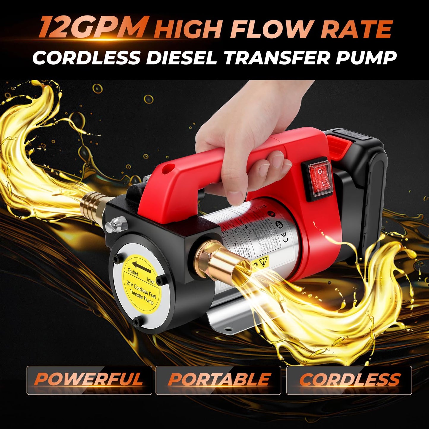 GEARLASSO Fuel Transfer Pump Battery Powered 12 GPM Electric Diesel Transfer Pump with 2 x 2.0Ah Batteries Portable Cordless Kit with Auto Shut-Off Nozzle & Hoses for Diesel Kerosene