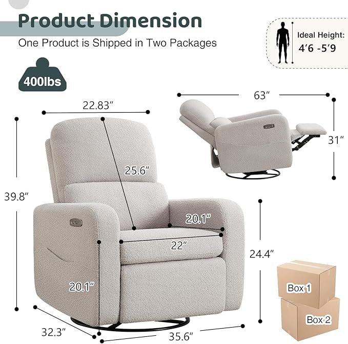 AEMEIOS Swivel Rocker Recliner, Power Recliner Glider with Removable Cushion, Oversized Upholstered Boucle Swivel Reclining Nursery Chairs for Living Room Bedroom, Teddy Grey