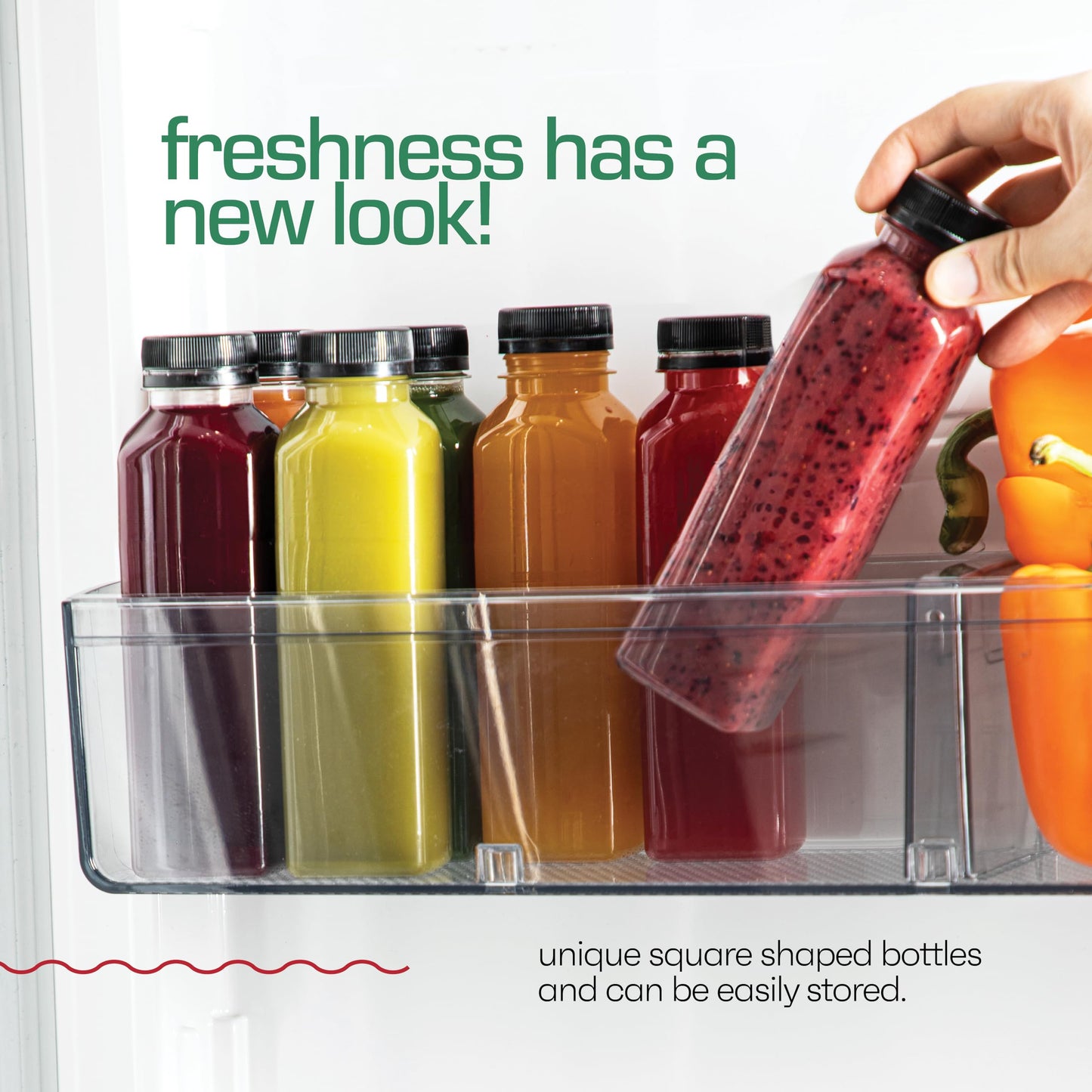 DECADORN 16oz 20pcs Juice Bottles With Caps - MADE IN USA Juice Containers With Lids For Fridge - Juicer Bottles With Tamper Evident Caps, Shatterproof, BPA-Free, Leak proof, Disposable & Recyclable