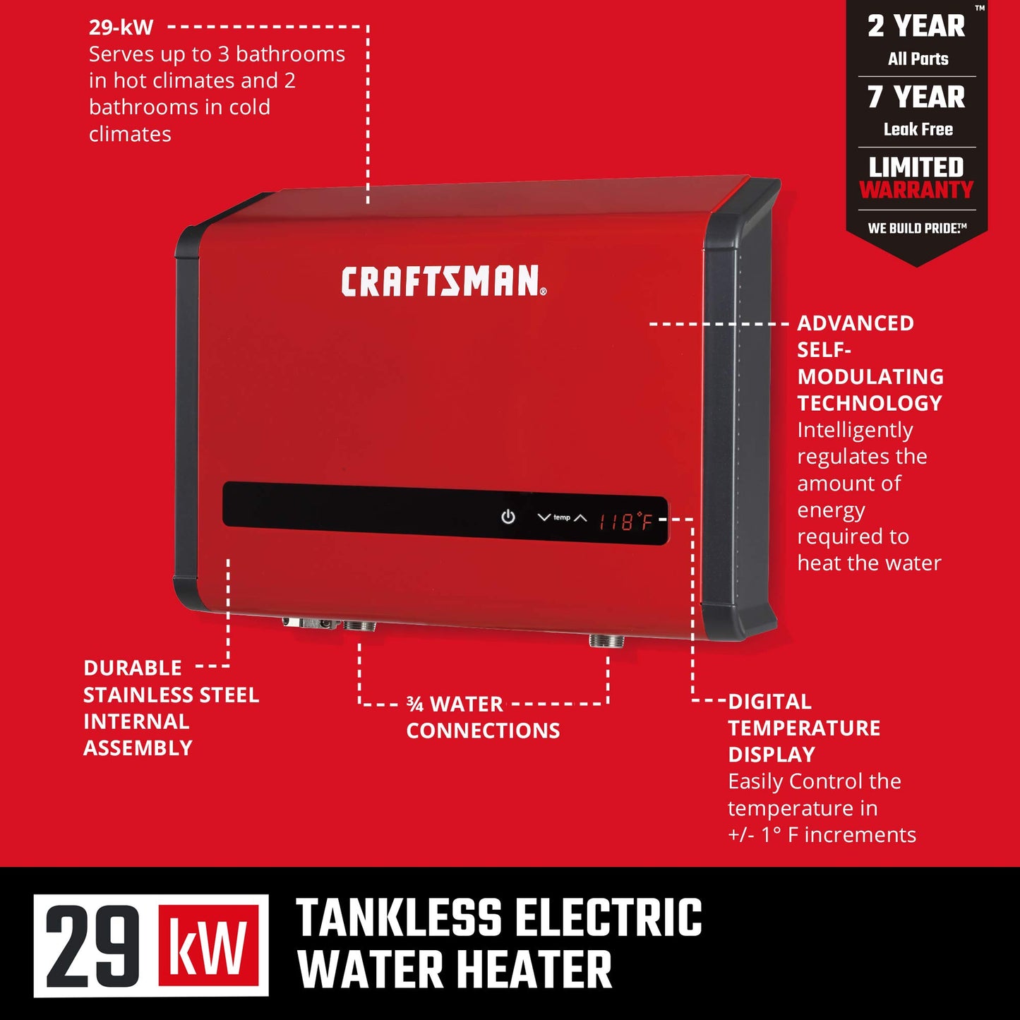 CRAFTSMAN 29kW 240-Volt 5.7 GPM Electric Tankless Water Heater, hot water heater for 2-3 Bathrooms