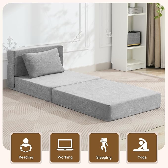 WUTUTUEE Folding Sofa Bed Convertible Floor Couch Foldable Chair Bed with Pillow，Linen Sleeper Chair Futon,Foldable Memory Foam Mattress for Bedroom/Living Room/Dorm/Office (Light Grey, Single)